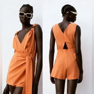 ZARA Orange Wrap Romper with Ring Detail – Size M